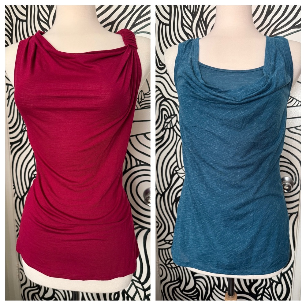 GAP 2pc Teal blue Deep Red Drapey Cowl neck knit sleeveless stretchy tank tops
